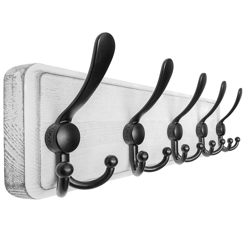 Dseap Coat Rack Wall Mounted - 5 Tri Hooks, Heavy Duty, Wooden Wall Coat Hanger Coat Hook for Clothes Hat Jacket Clothing, White & Black - Image 1
